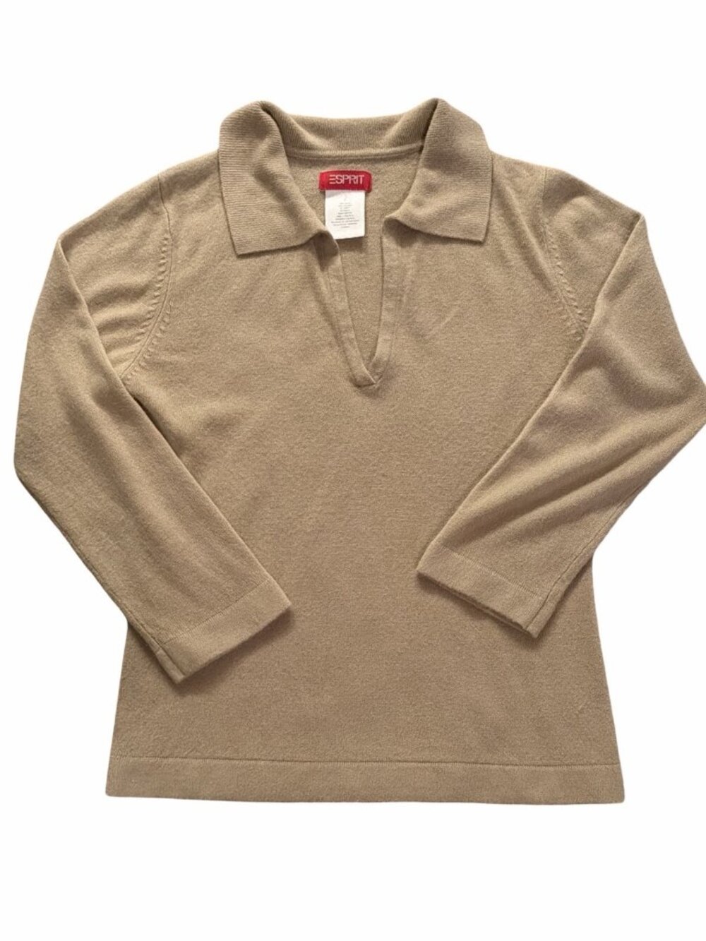 Vintage Esprit Camel Acrylic Knit Polo Sweater Johnny Collar Sz L Vtg Y2K EUC
